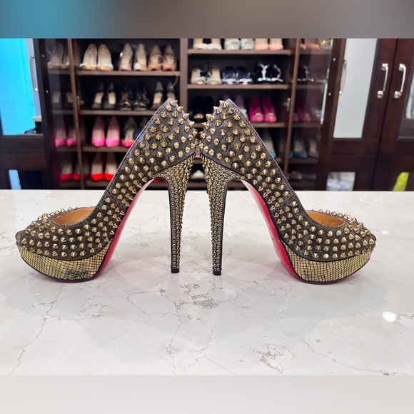 Rare Christian Louboutin Lady Peep Spikes Hematite/Bronze Strass 37.5 - Picture 5 of 15